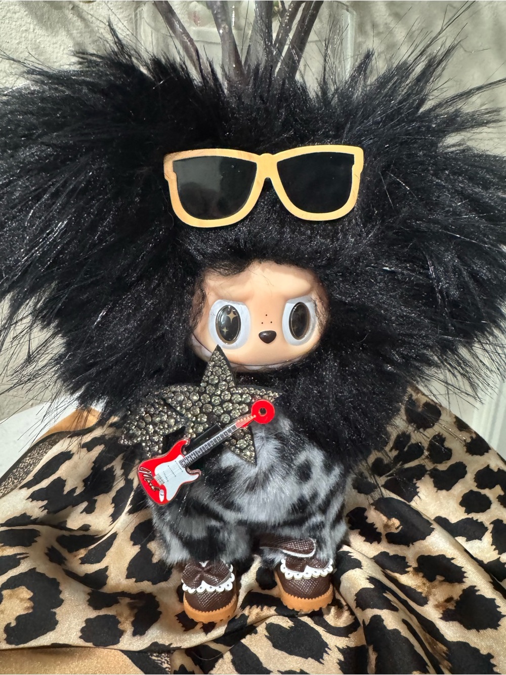 Black Fuzzy Rocker Plush Custom Labubu with Accessories - Picture 8 of 9
